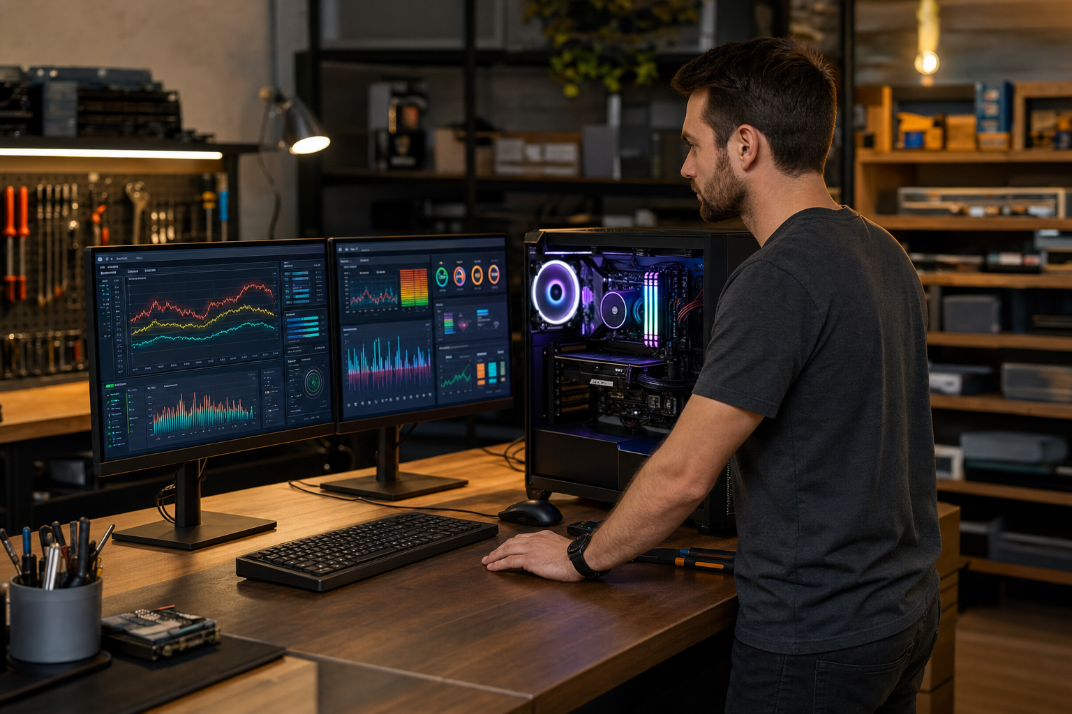 Technicien analysant des graphiques de performance sur deux écrans à côté d'une tour PC ouverte