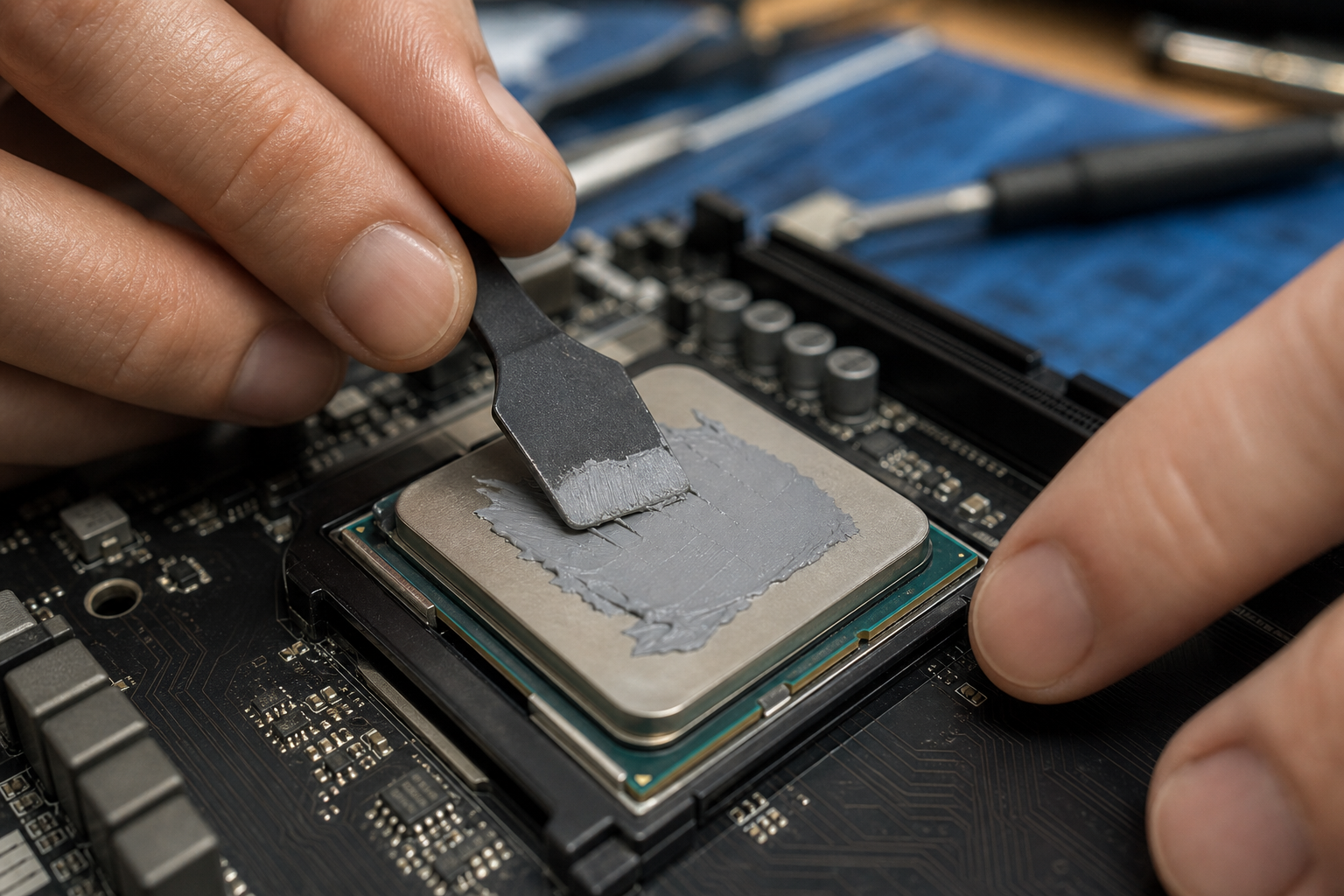 Application précise de pâte thermique sur un processeur avant montage du dissipateur