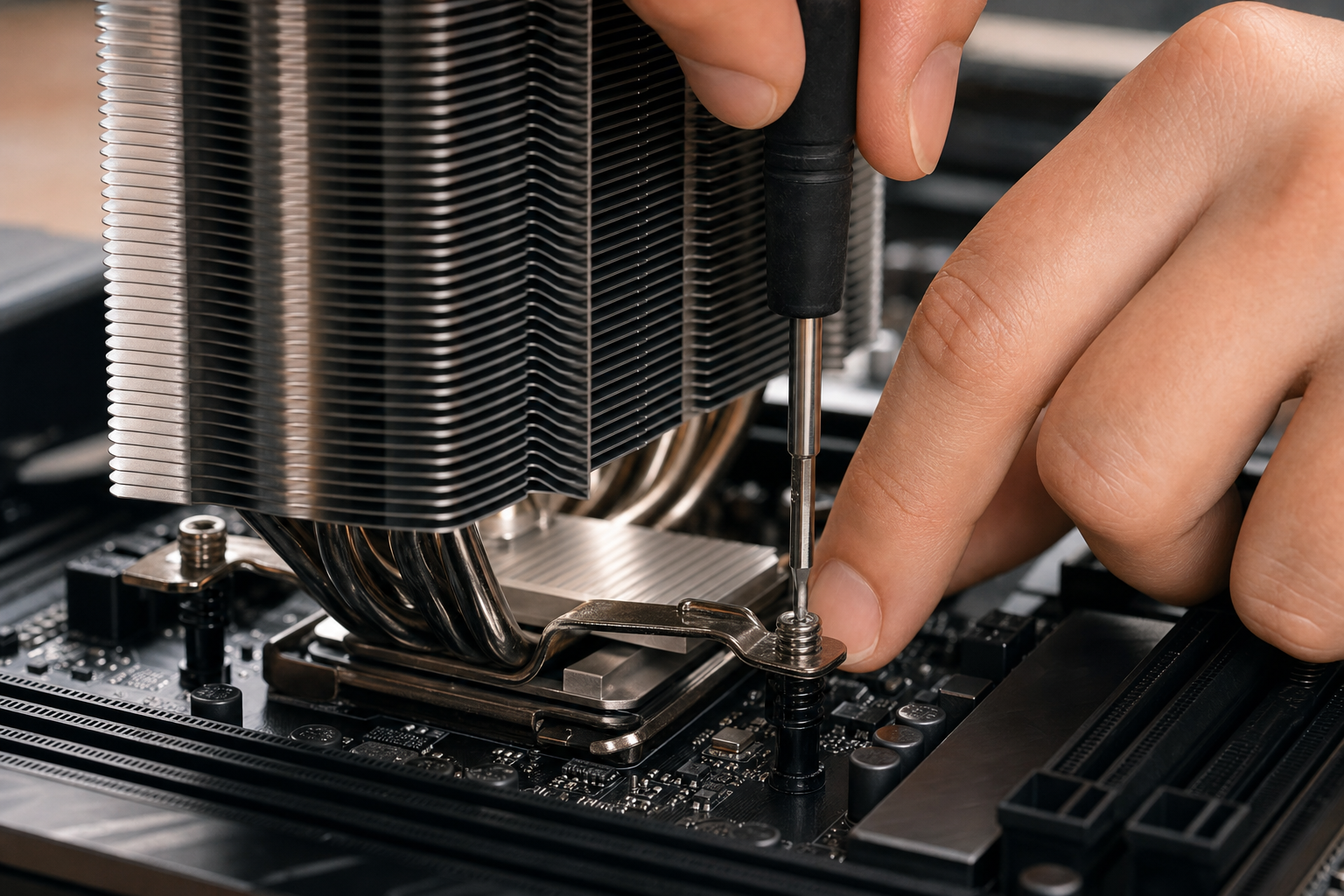 Mains vissant un dissipateur thermique sur un processeur, gros plan atelier